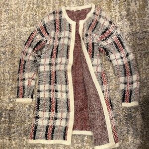 Pleione Plaid Open-Front Cardigan in Cream, Black, and Red